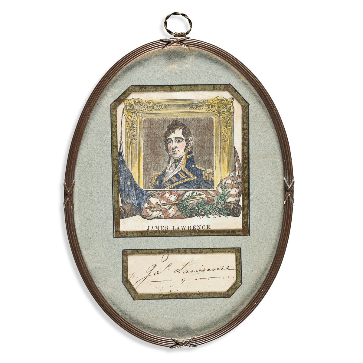 (WAR OF 1812.) Cut signatures of naval heroes Oliver Hazard Perry and James Lawrence in matching frames.